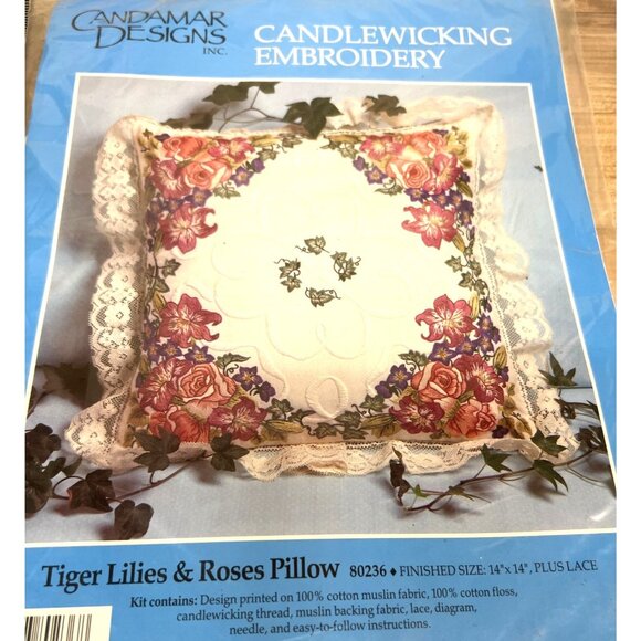 Candamar Designs Candlewicking Embroidery Kit Tiger Lilies & Roses Pillow 14"x14 - Picture 3 of 4